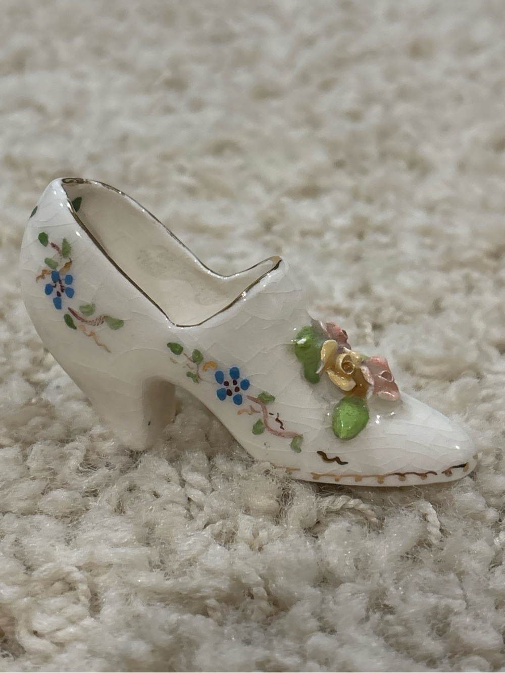 Antique Hand Painted Porcelain Miniature Shoe Figurine Floral Gold Trim 2.75”